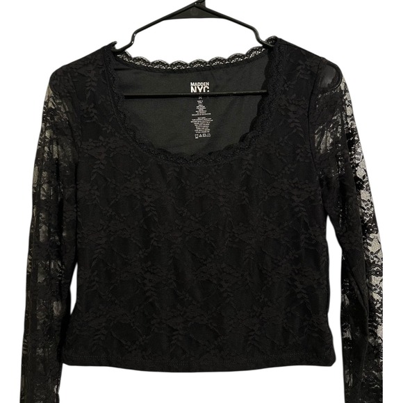 Madden NYC Black Floral Lace Scoop Neck Long Sleeve Crop Top Women's Size M - Picture 4 of 6